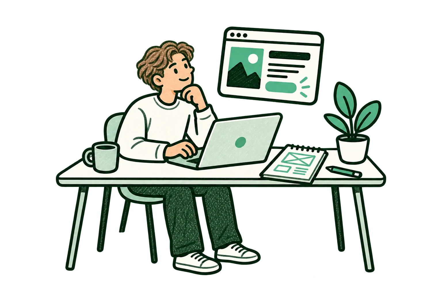 Håndtegnet Gjerne-figur som planlegger og bygger en nettside ved laptop